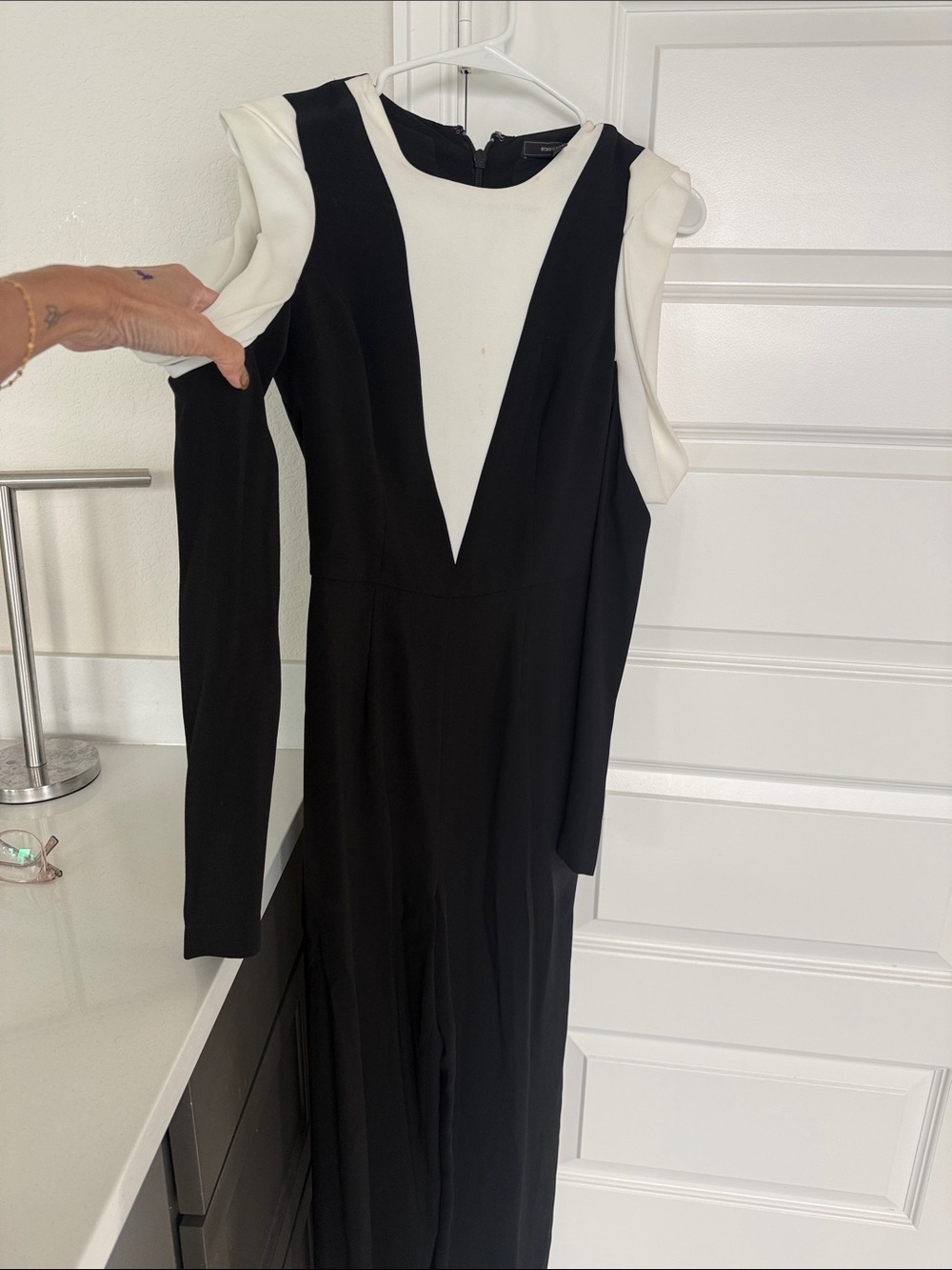 BCBGMaxAzria Black and White One-Shoulder Jumpsuit